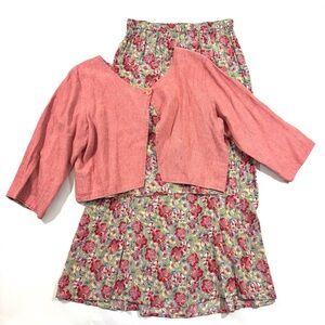 Flax Two Piece Skirt Set Pink Floral Linen Top Maxi Skirt